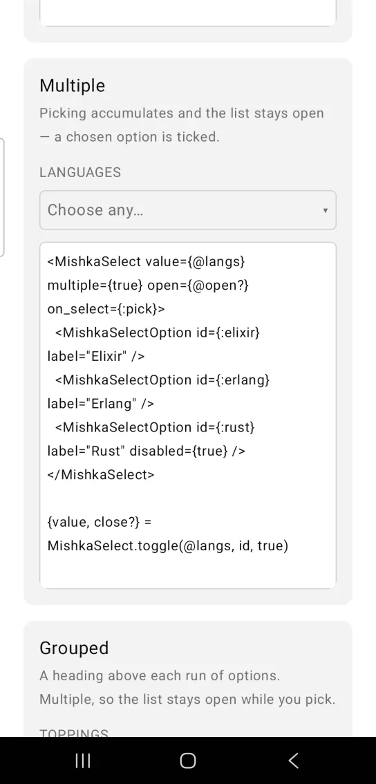 Multiple card with a select captioned LANGUAGES showing the muted placeholder Choose any with the list closed, in the MishkaMob showcase app on Android