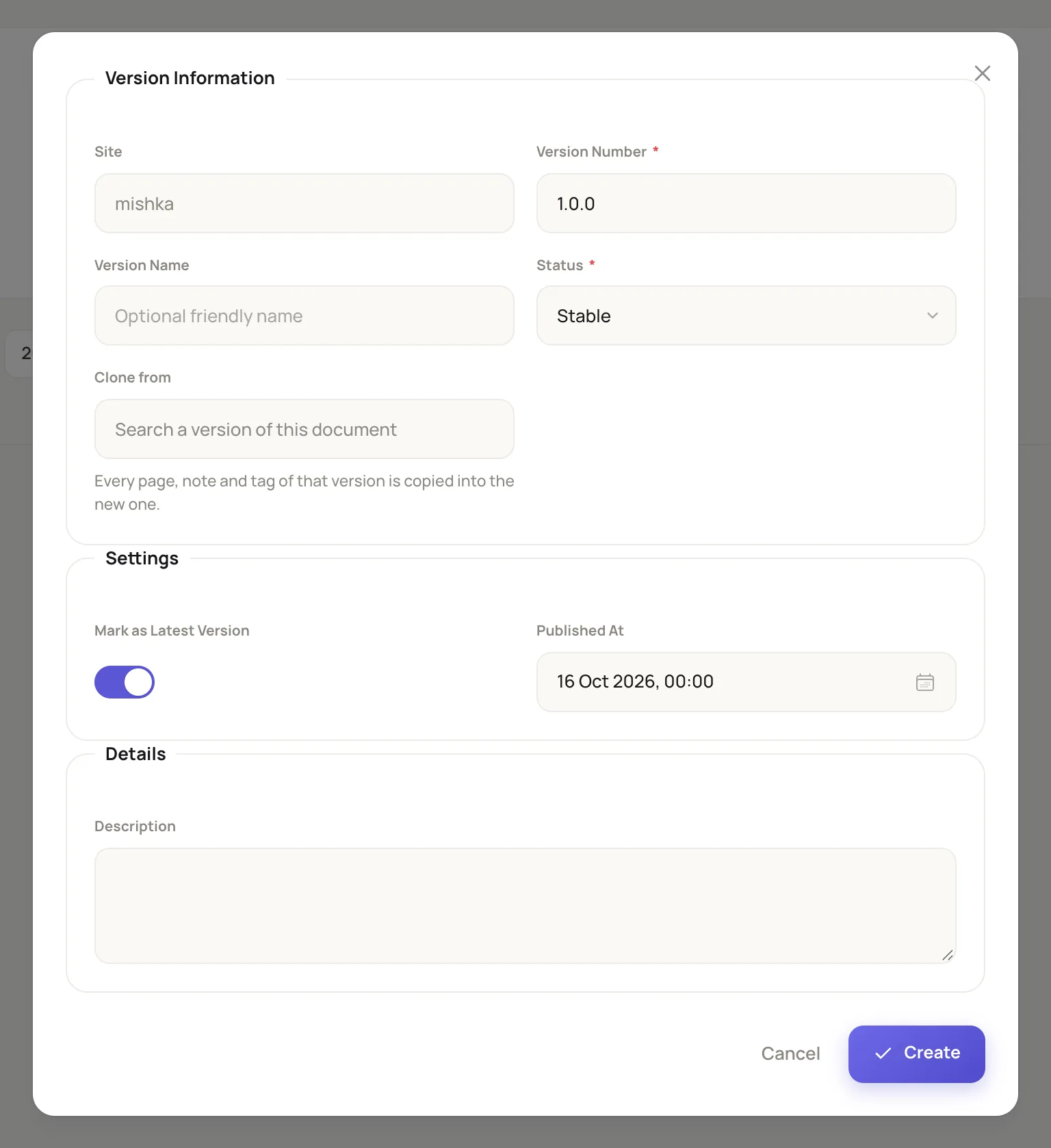 the Add Version dialog with Version Number 1.0.0, Status Stable and Mark as Latest Version switched on