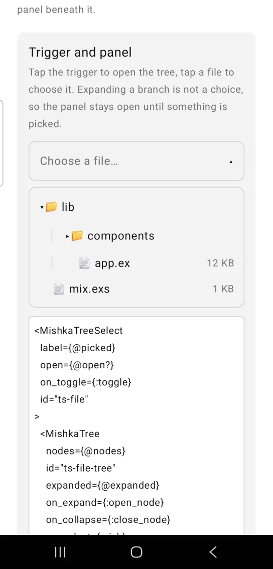 A Choose a file trigger with an open panel showing a tree with lib, components, app.ex and mix.exs.