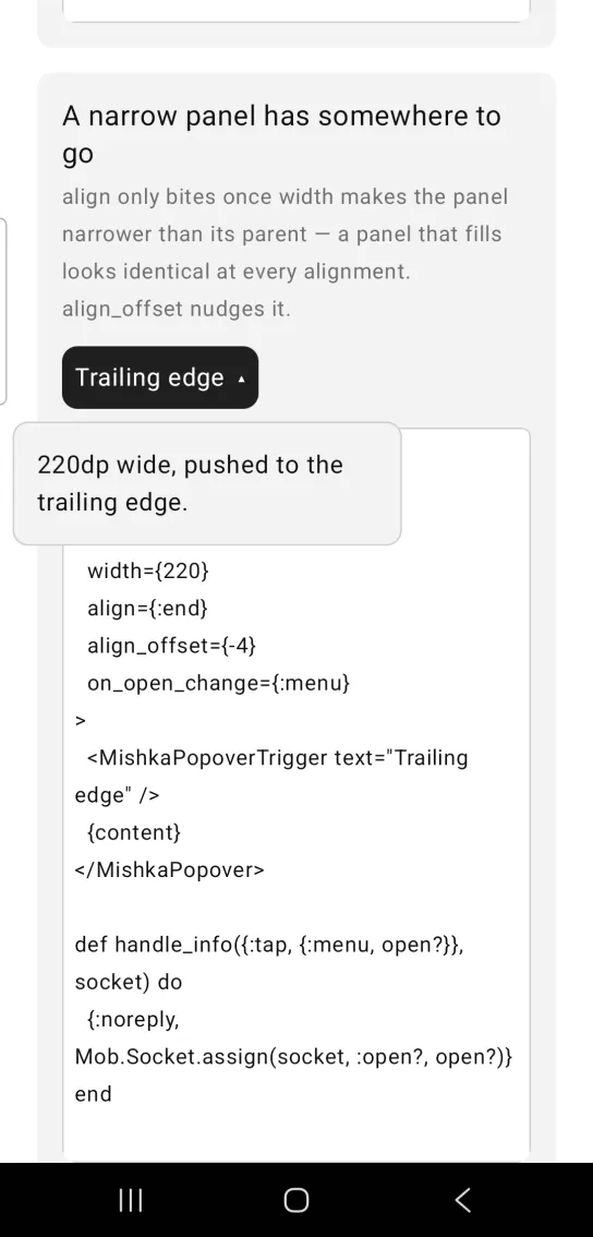 A narrow popover panel open under the Trailing edge trigger, reaching out toward the left side of the screen.