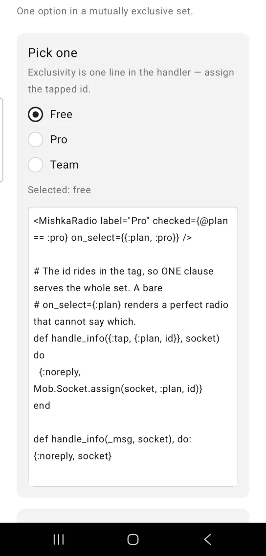 Three radio buttons Free, Pro and Team with Free selected and the line Selected: free below.