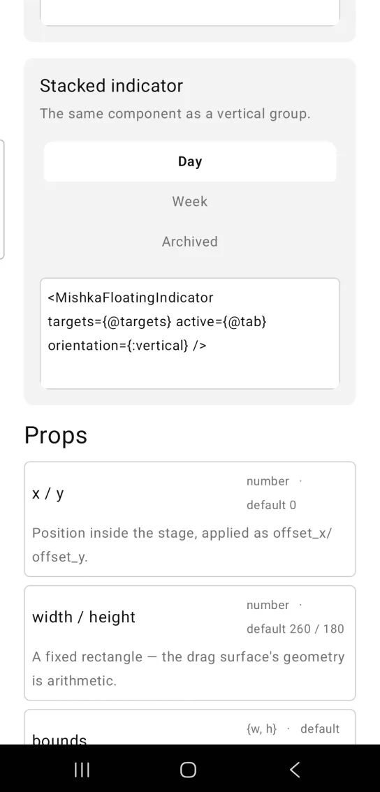 Stacked indicator example card with a vertical list of Day in a raised white pill, then Week and Archived in muted gray text, in the MishkaMob showcase app on Android