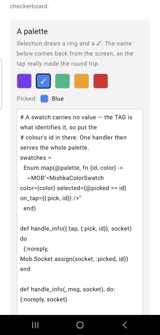 A row of five color swatches with the blue one ringed and ticked, and the line Picked: Blue below.
