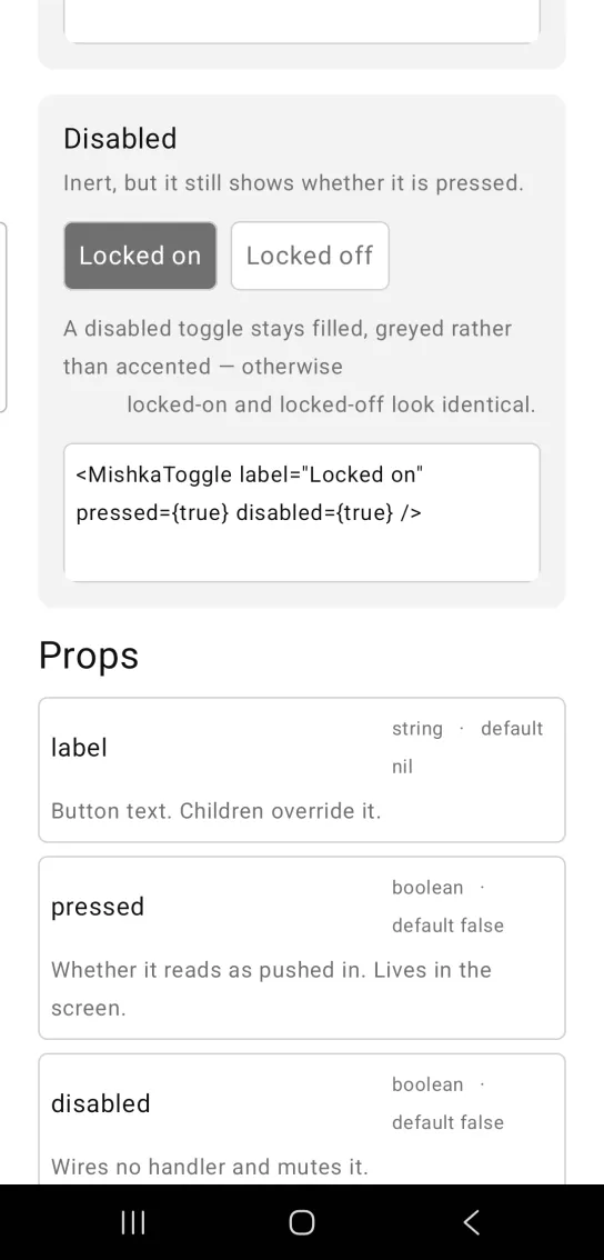 Disabled card: two toggles, Locked on filled gray and Locked off outlined, with a gray note below explaining that a disabled toggle stays filled