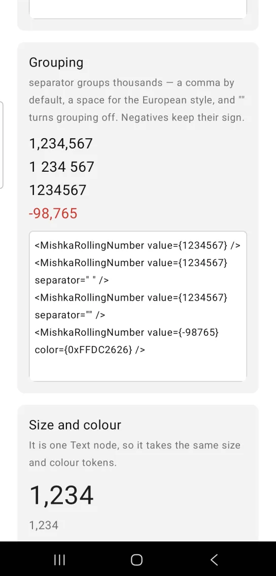 Grouping card with four stacked numbers: 1,234,567 with commas, 1 234 567 with spaces, 1234567 with no grouping and -98,765 in red, in the MishkaMob showcase app on Android