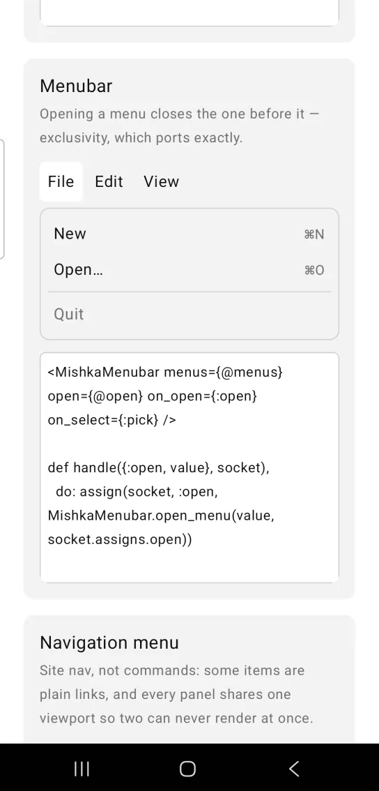 A menubar with File, Edit and View where File is open, showing New, Open, a separator and a greyed Quit.