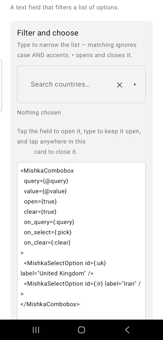 Card titled Filter and choose, with a Combobox showing the placeholder Search countries, a clear X and a down arrow, the list closed, above the text Nothing chosen