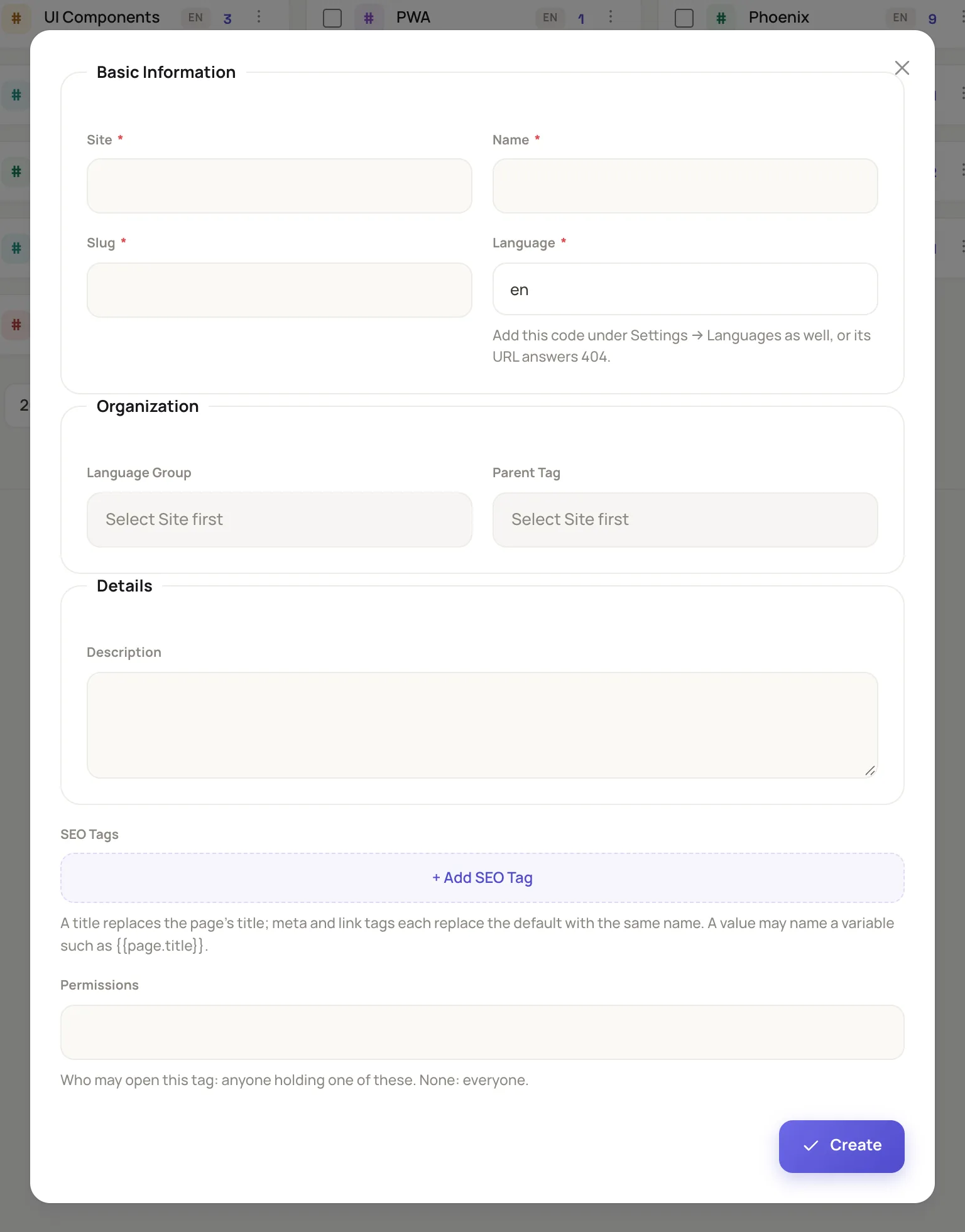 the Add Tag dialog opened from the Add Tag button, with the Basic Information group in two columns, the Organization group below it, then Details with Description, SEO Tags and Permissions