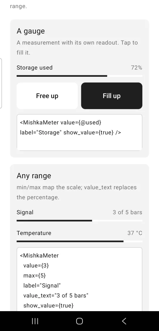 Meter example card titled A gauge, with a Storage used gauge reading 72% filled to about three quarters, above a white Free up button and a dark Fill up button