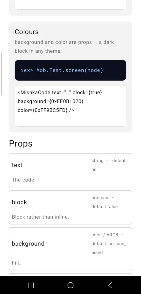 Card titled Colours, with a dark navy code block holding light blue monospace text reading iex> Mob.Test.screen(node), in the MishkaMob showcase app on Android