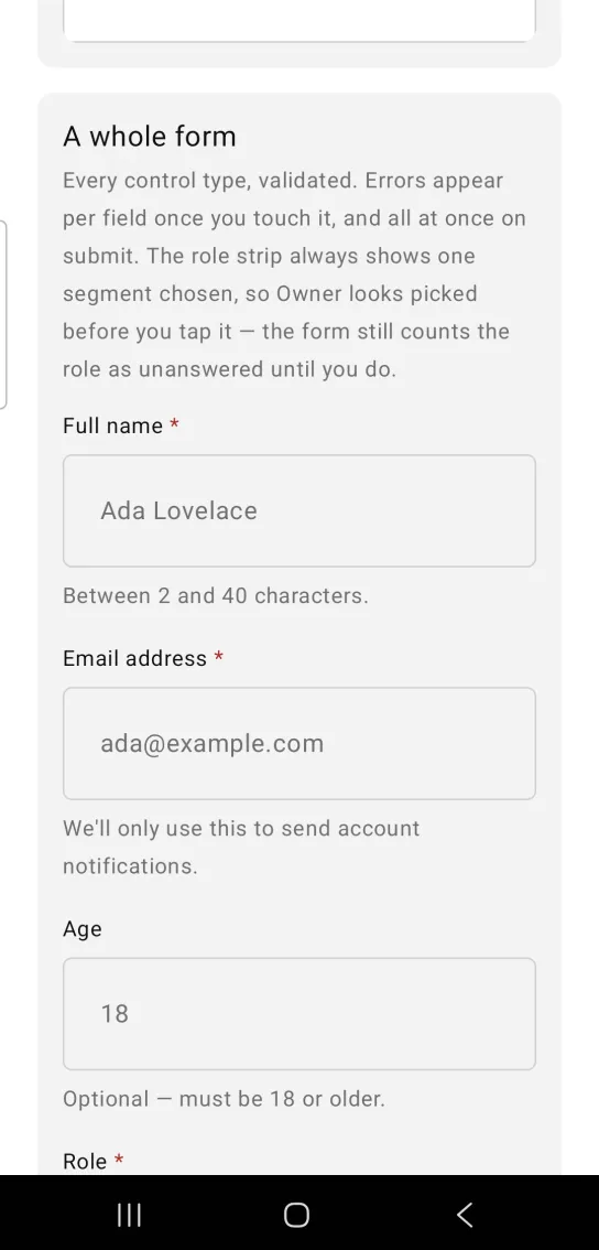 Field example card titled A whole form, with required Full name and Email address boxes, an Age box holding 18 and a Role control with Owner selected