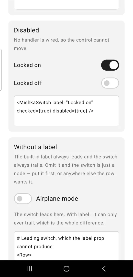 Disabled card: two switch rows, Locked on with its switch on in a dark track and Locked off with its switch off, in the MishkaMob showcase app on Android