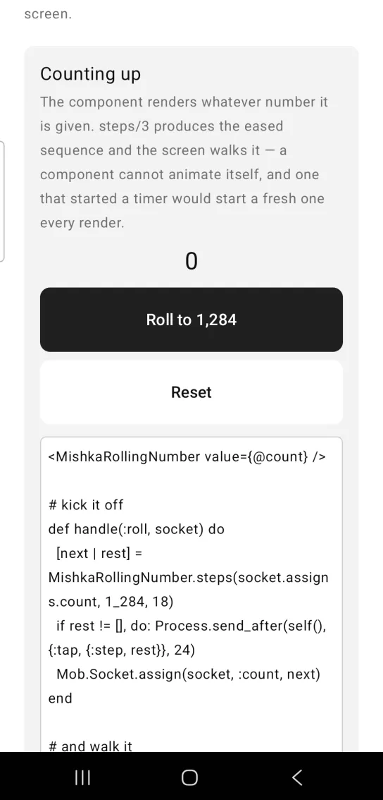 Counting up card with the number 0 centered above a full width dark Roll to 1,284 button and a white Reset button under it, in the MishkaMob showcase app on Android
