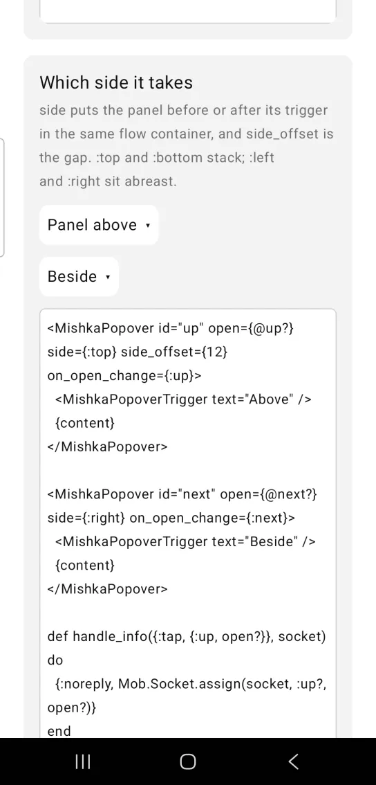 Which side it takes card with two closed popover triggers, Panel above and Beside, each with a small down arrow, in the MishkaMob showcase app on Android