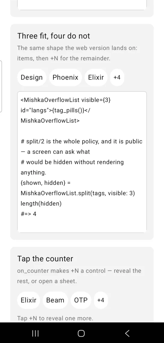 Three fit, four do not card with three pills labeled Design, Phoenix and Elixir followed by a +4 counter, in the MishkaMob showcase app on Android