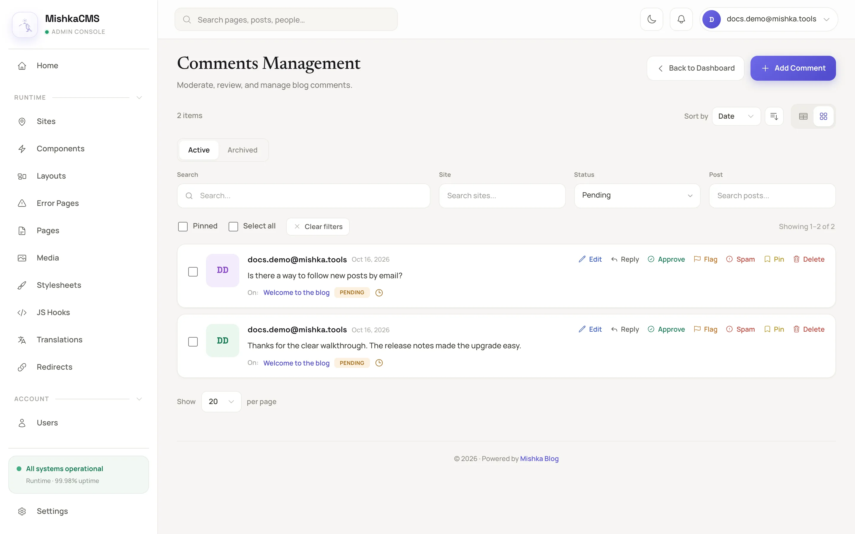 the Comments Management page with the Status filter set to Pending and two comment cards, each with Approve, Flag, Spam and Delete buttons