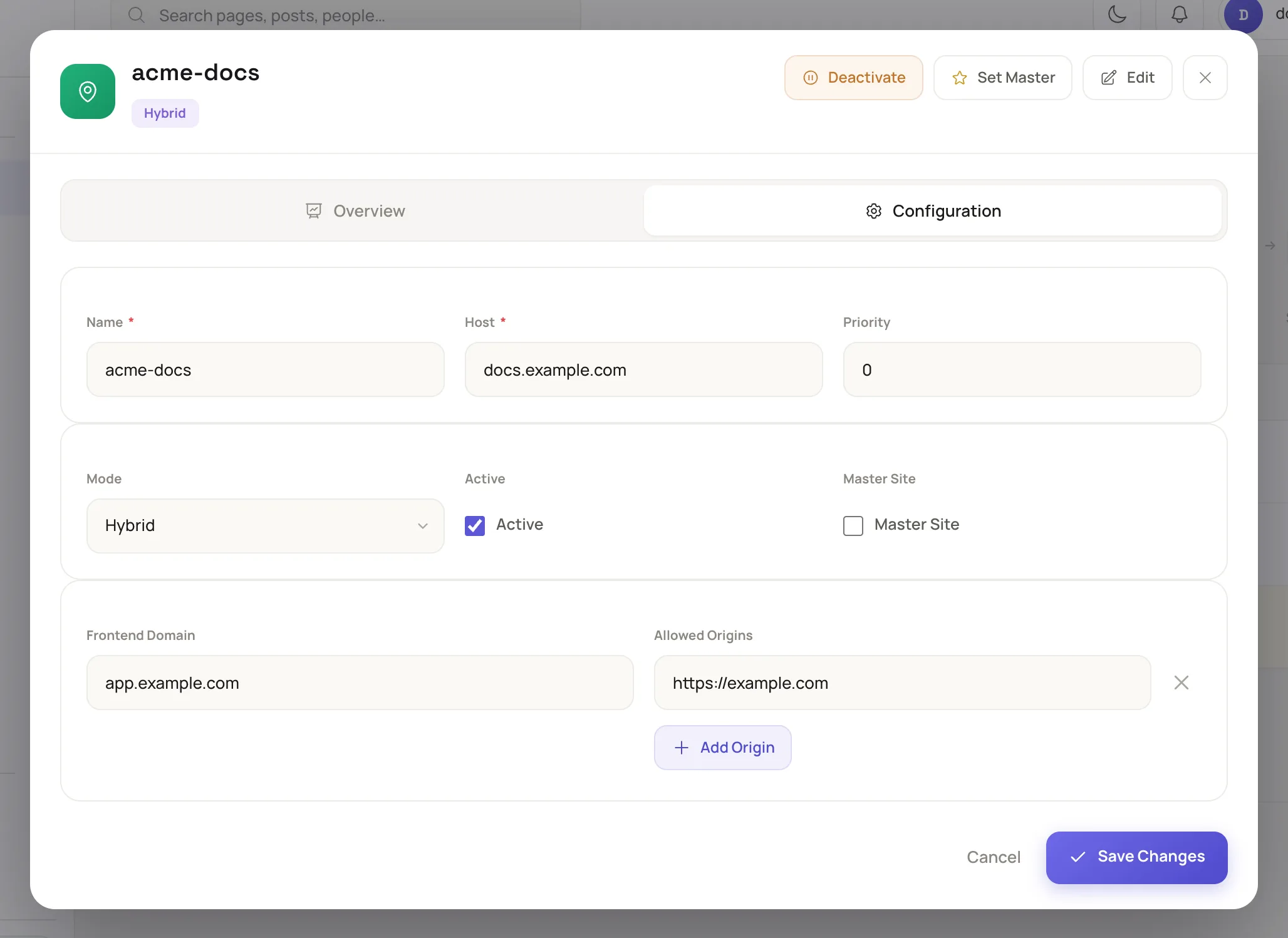 a site's dialog, titled with the site's name, on the Configuration tab with the Mode field set to Hybrid, a Frontend Domain and one address under Allowed Origins