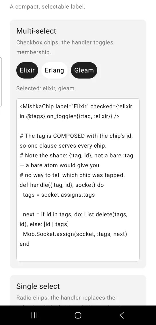 Three chips with Elixir and Gleam filled and Erlang plain, and the line Selected: elixir, gleam below.