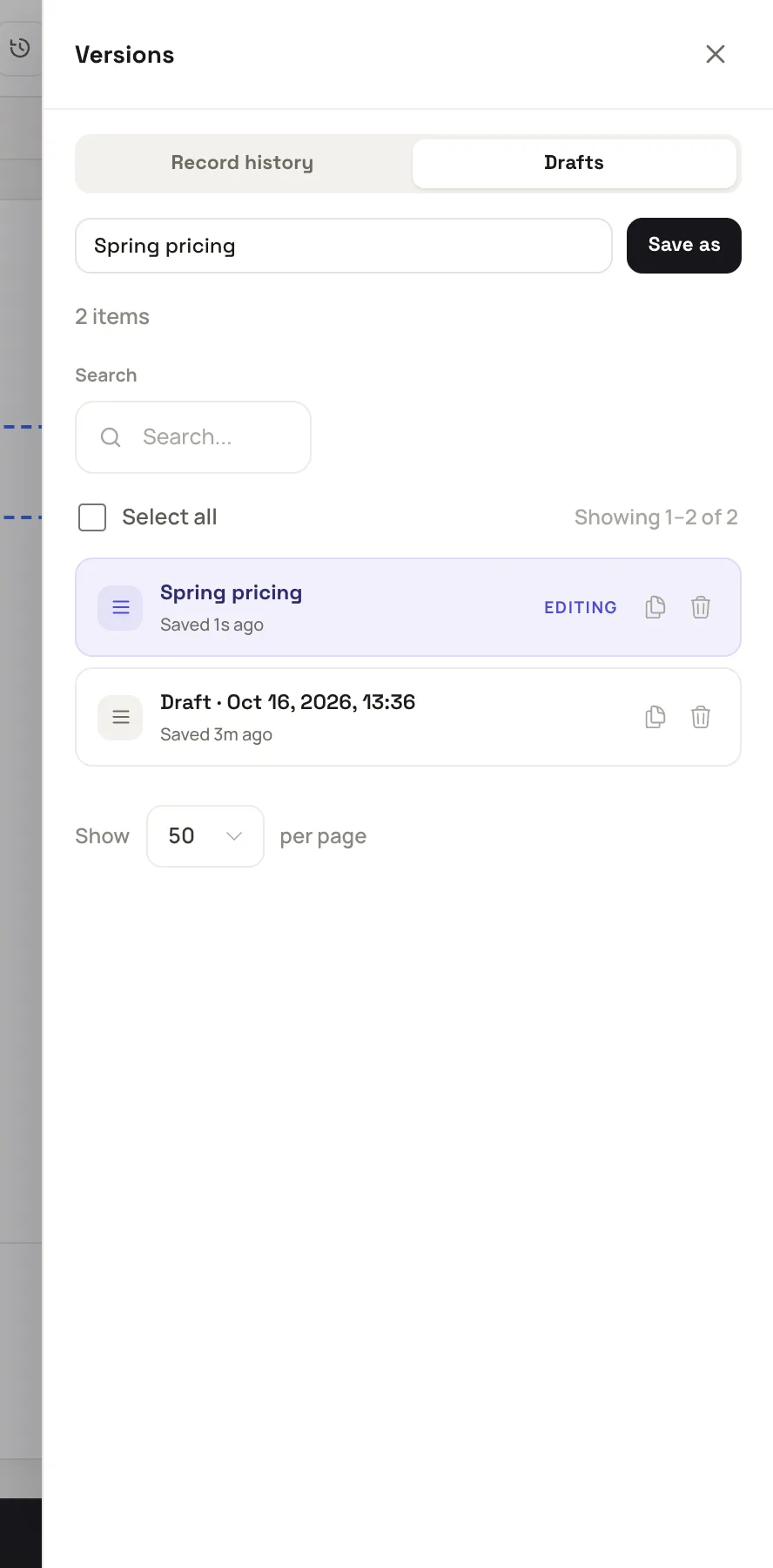 the Versions sheet open on the Drafts tab, with the Name this draft box and Save as button above two draft rows, one marked Editing