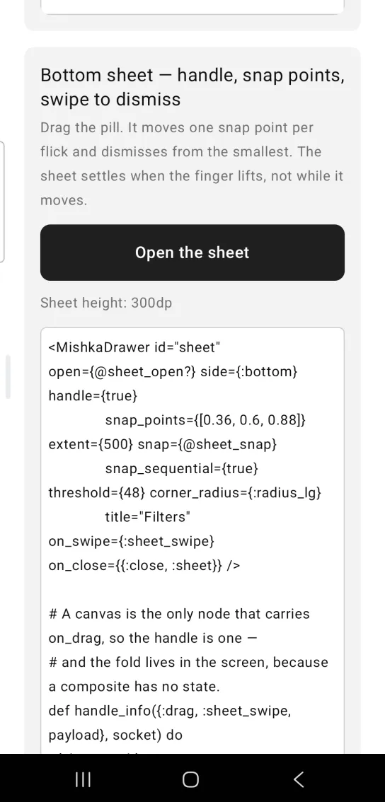 Drawer example card titled Bottom sheet, handle, snap points, swipe to dismiss, with a dark Open the sheet button, the text Sheet height: 300dp and the example code below