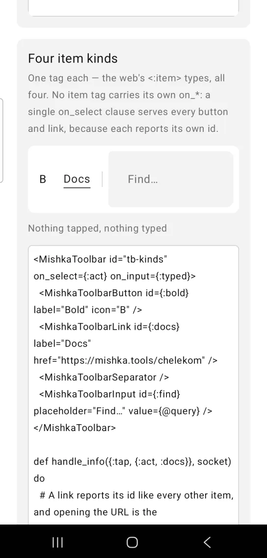 Four item kinds card: a white toolbar with a B button, a Docs link underlined as wide as the word, a thin separator and a Find box, above the gray text Nothing tapped, nothing typed