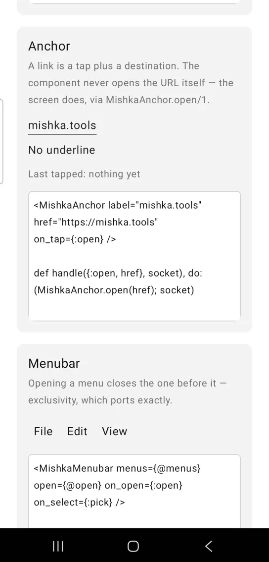 Card titled Anchor, with the underlined link mishka.tools above a second link, No underline, with no rule beneath it, and the text Last tapped: nothing yet