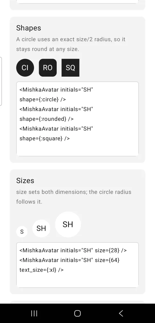 Card titled Shapes, with three near-black avatars in a row: a circle labeled CI, a rounded square labeled RO and a sharp-cornered square labeled SQ