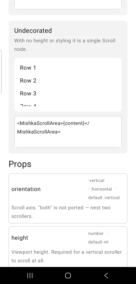 Undecorated card with a white rounded scroll area showing Row 1 to Row 3 and a fourth row cut off at the bottom, in the MishkaMob showcase app on Android