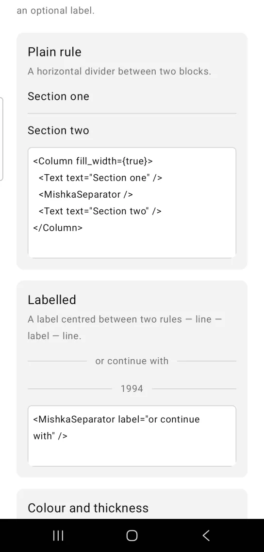 Plain rule card with the text Section one, a thin horizontal rule and the text Section two, in the MishkaMob showcase app on Android