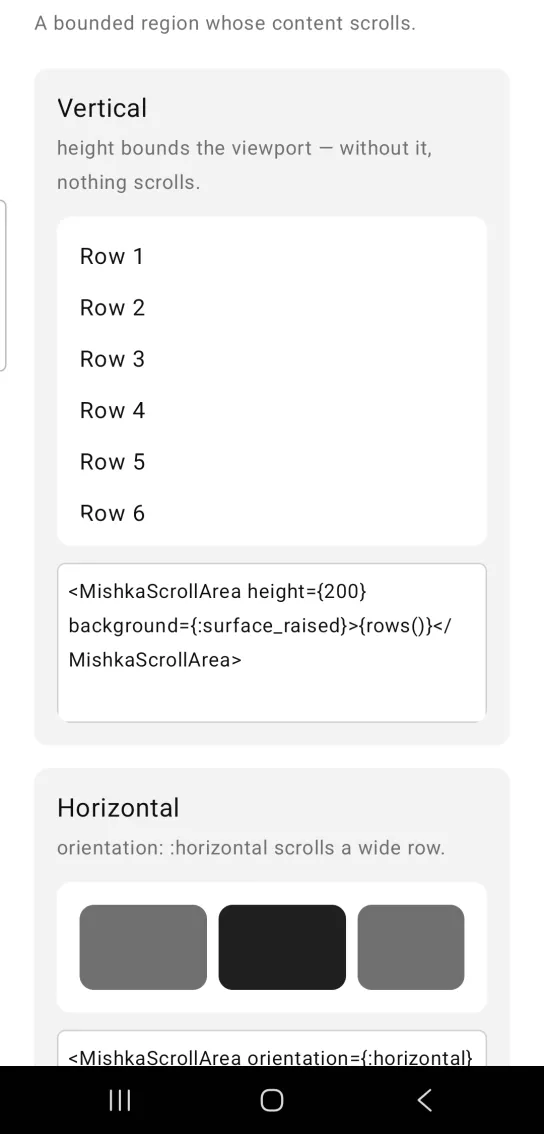 Vertical card with a white rounded scroll area listing Row 1 to Row 6, in the MishkaMob showcase app on Android