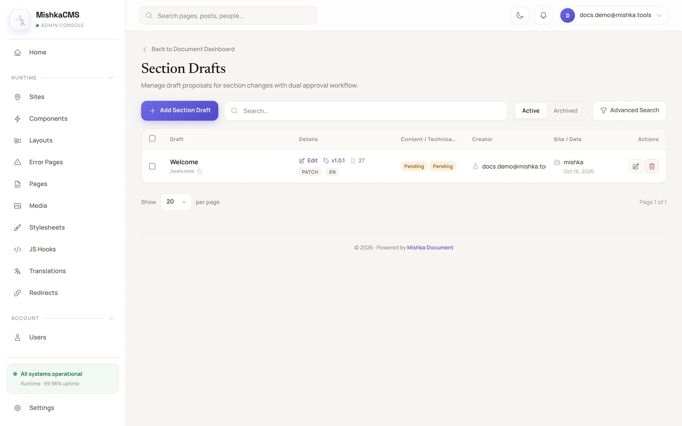 the Section Drafts list with one draft marked pending in Content Review and Technical Review and the Add Section Draft button