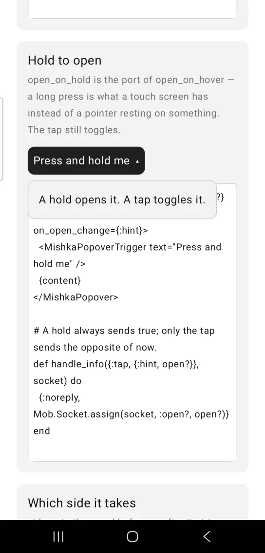 A popover panel reading A hold opens it. A tap toggles it, attached to a highlighted trigger.