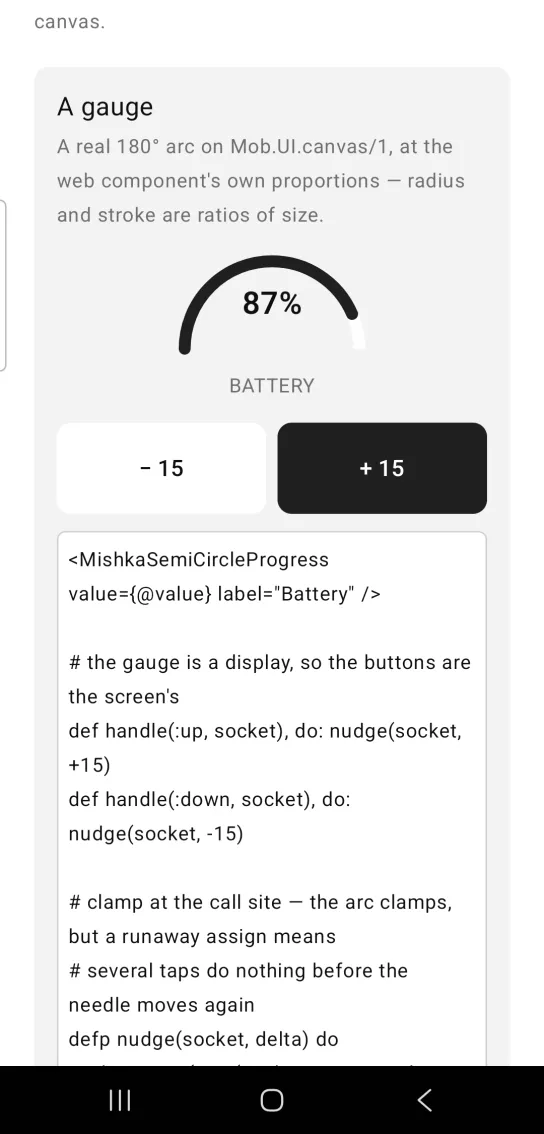 A half circle gauge labelled BATTERY filled to 87 percent with minus and plus buttons below.