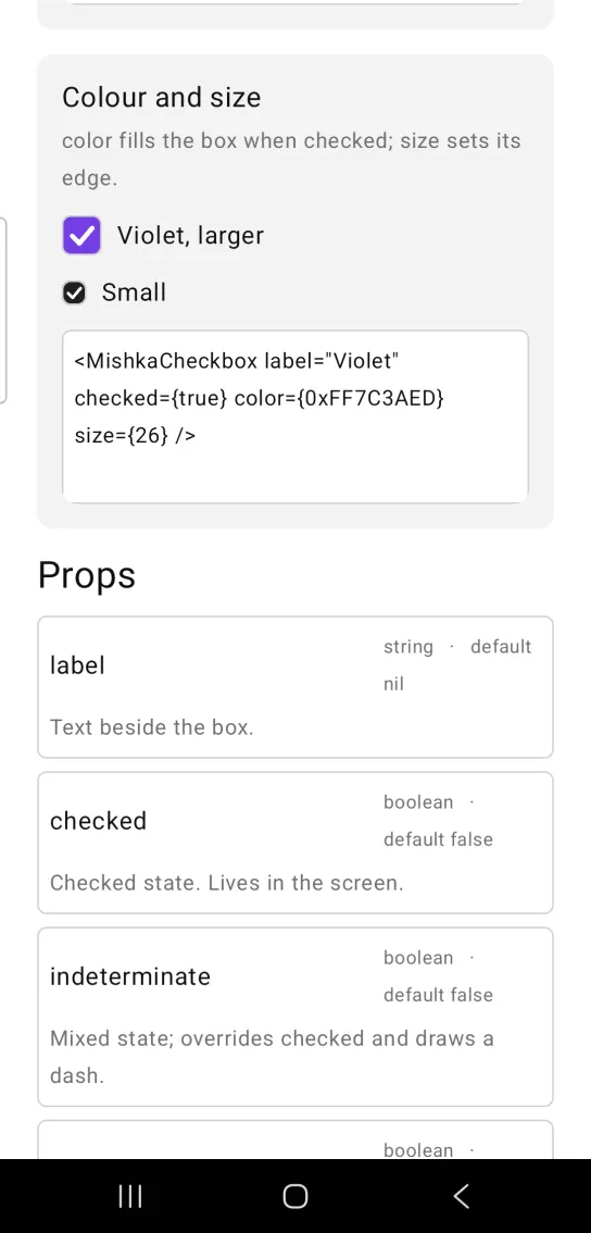 Card titled Colour and size, with a larger checked box filled violet labeled Violet, larger and a smaller checked dark box labeled Small, in the MishkaMob showcase app on Android