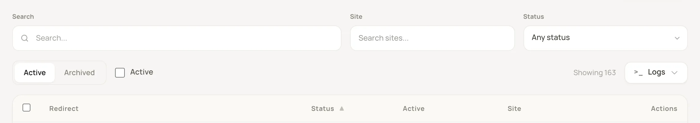 the filter bar above the redirects table signed in as a master, with the Search box, the Site search select, the Status select with the prompt Any status, the Active checkbox, and the Active and Archived toggle