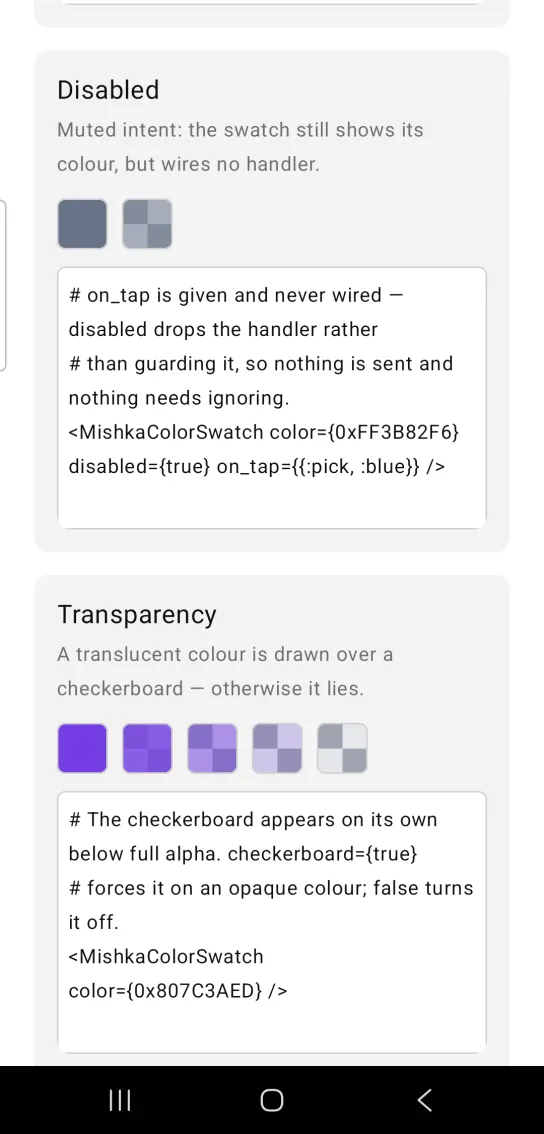 Card titled Disabled, with two muted slate gray color swatches side by side, one solid and one with a checkerboard showing through, in the MishkaMob showcase app on Android
