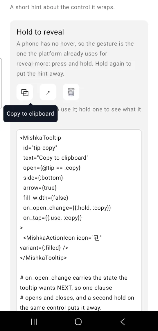 A dark tooltip bubble reading Copy to clipboard with an arrow pointing up at a copy icon button.