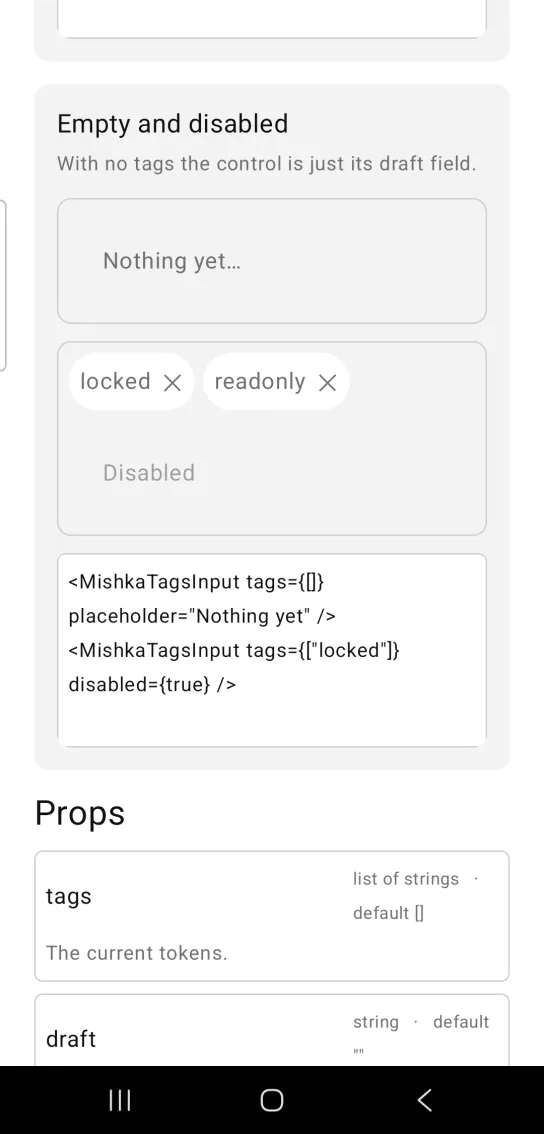 Empty and disabled card: an empty tags input with the placeholder Nothing yet, above a muted disabled one holding the tags locked and readonly and the placeholder Disabled