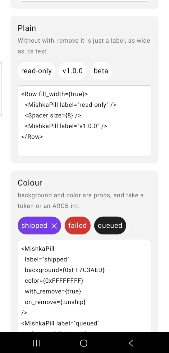 Plain card with three plain pills in a row labeled read-only, v1.0.0 and beta, none with a remove mark, in the MishkaMob showcase app on Android