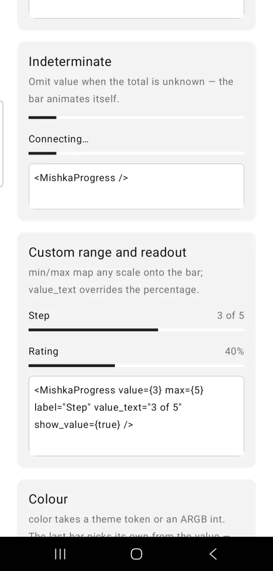Indeterminate card with two looping progress bars, the second labeled Connecting, each showing a short dark segment partway along its track, in the MishkaMob showcase app on Android