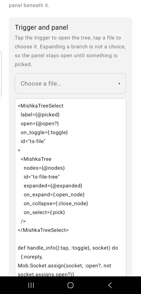 Trigger and panel card: a closed tree select trigger showing the muted placeholder Choose a file with a small down caret, in the MishkaMob showcase app on Android