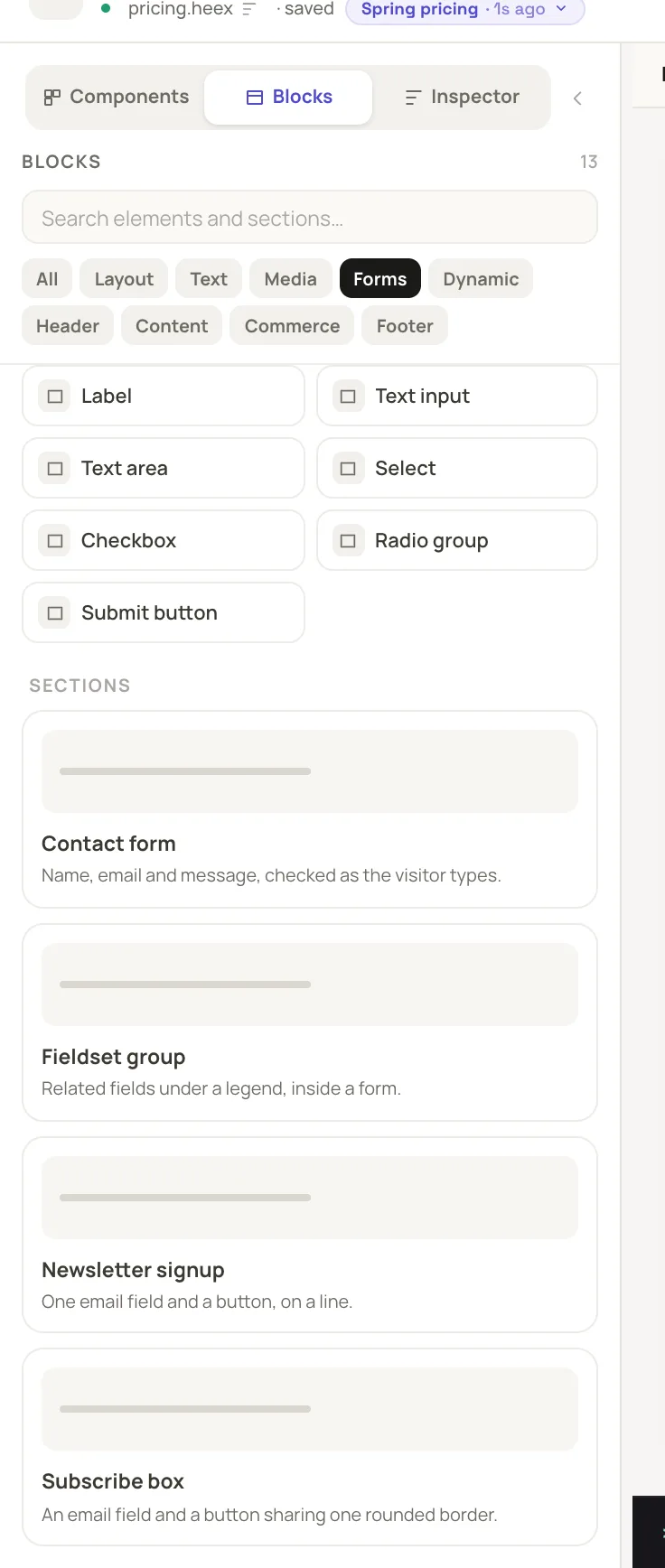 the Blocks tab in the left panel with the Forms filter selected and the four form blocks listed