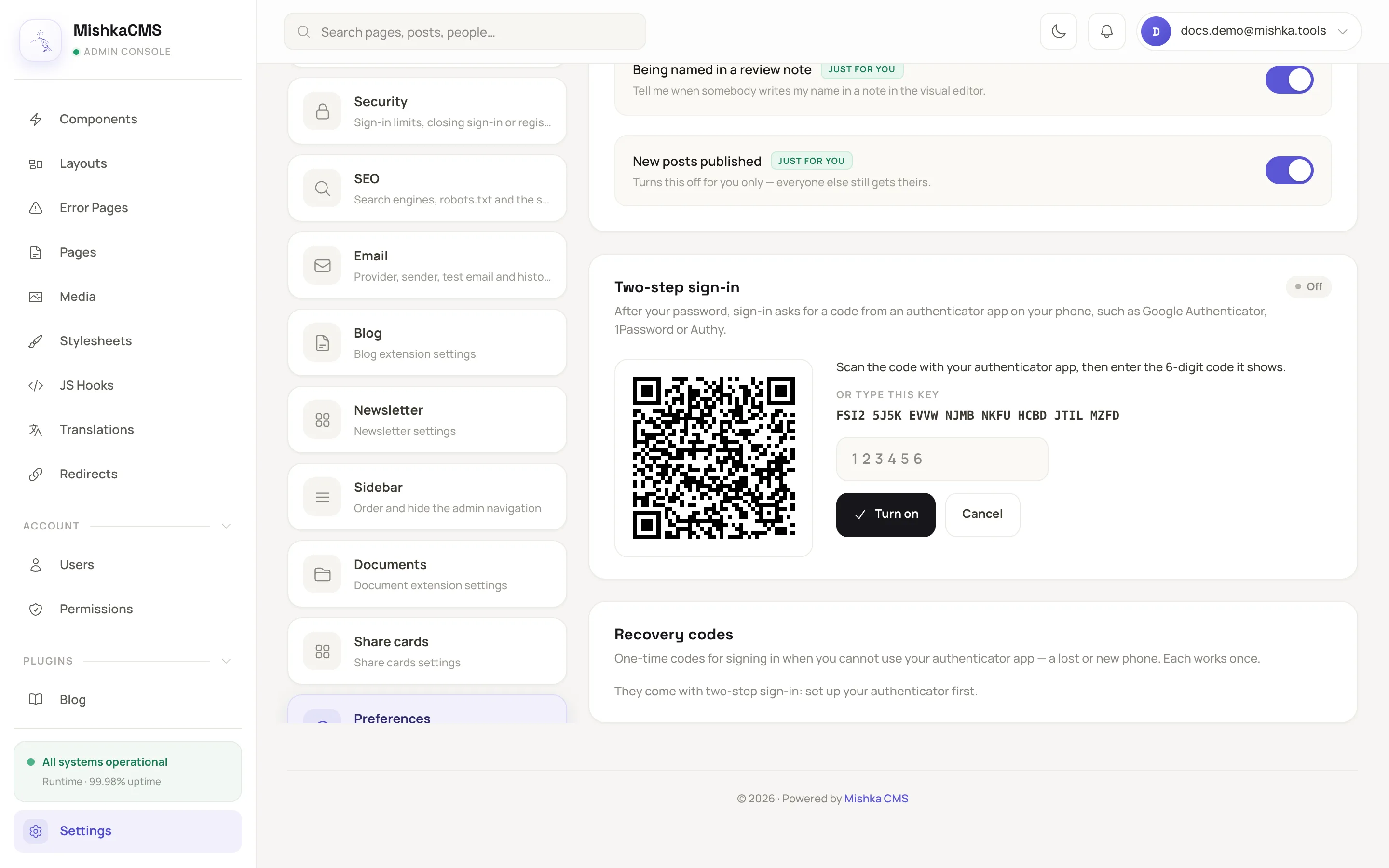 the Two-step sign-in card with the QR code, the key under Or type this key, the code field and the Turn on button, with the Recovery codes card below