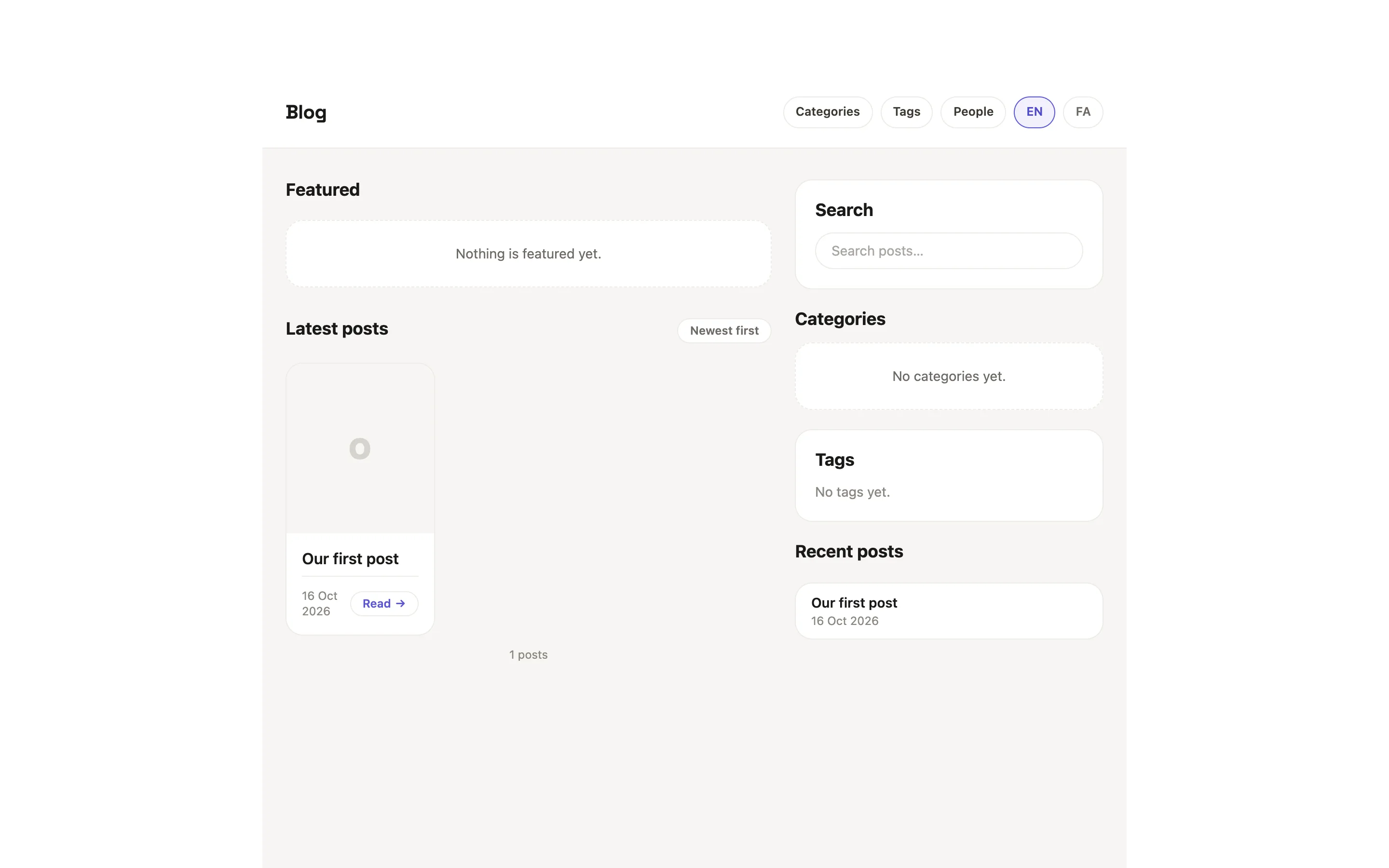 the blog home page with the Latest posts list holding the post Our first post