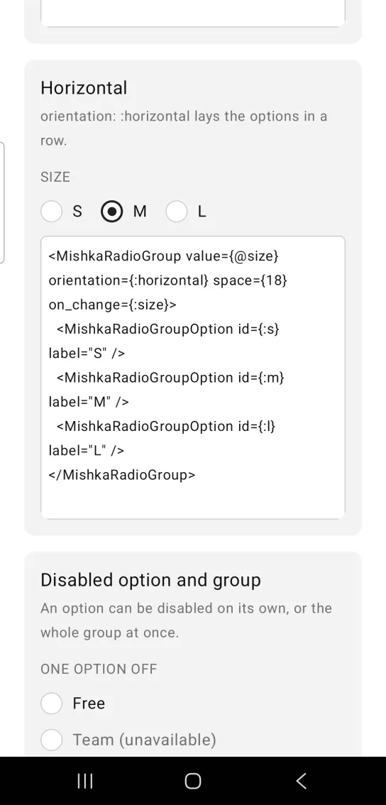 Horizontal card with a radio group headed SIZE showing options S, M and L side by side with M selected, in the MishkaMob showcase app on Android