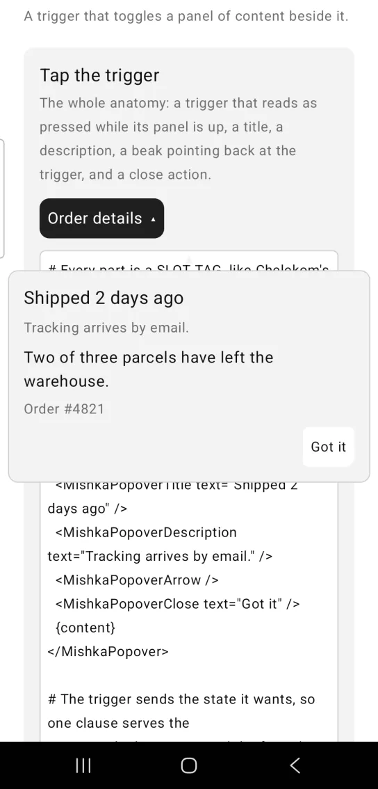 A popover panel titled Shipped 2 days ago, with a short description and a Got it button, open below a highlighted Order details trigger.