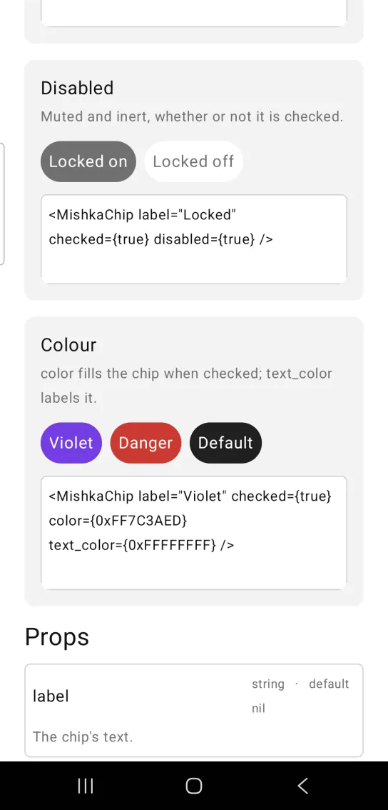 Card titled Disabled, with two chips side by side: Locked on filled muted gray and Locked off in pale muted text on white, in the MishkaMob showcase app on Android