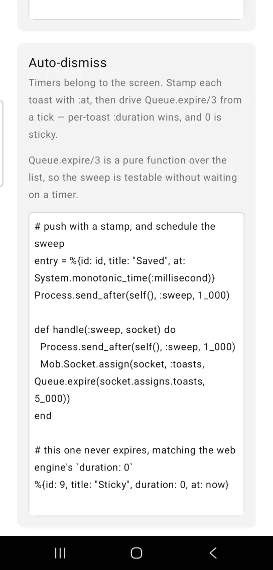 Auto-dismiss card: a gray note that Queue.expire/3 is a pure function over the list, with no controls, above the code for the timed sweep