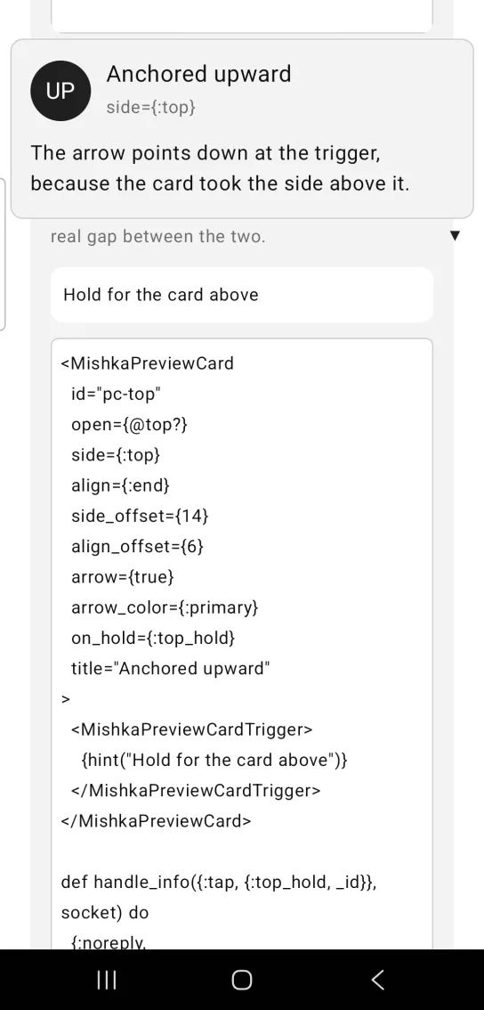 A preview card titled Anchored upward sitting above its trigger with a downward pointing arrow.