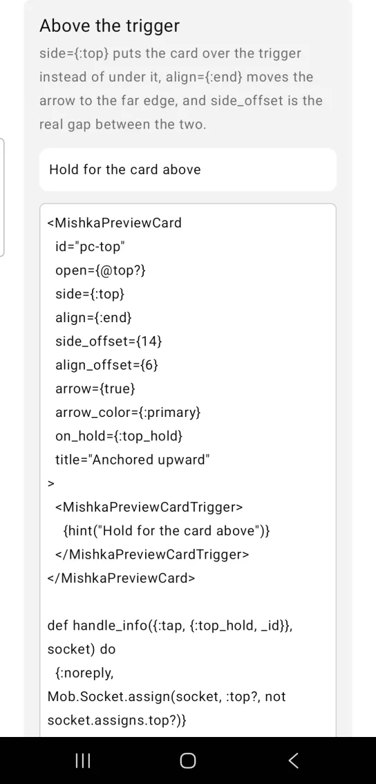 Above the trigger card with a white rounded box reading Hold for the card above and no preview card open, in the MishkaMob showcase app on Android